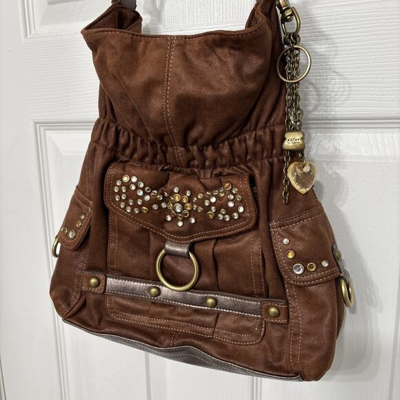 Kathy Van Zeeland Shoulder Bag Purse Brown Faux Suede Leather Hobo Bling Charms - Picture 1 of 10